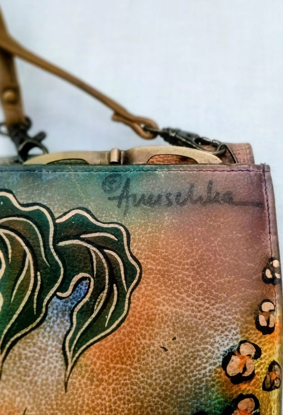 Anuschka Multicolor Peacock Feather & Floral Leather Crossbody Purse Very Good - Picture 3 of 15
